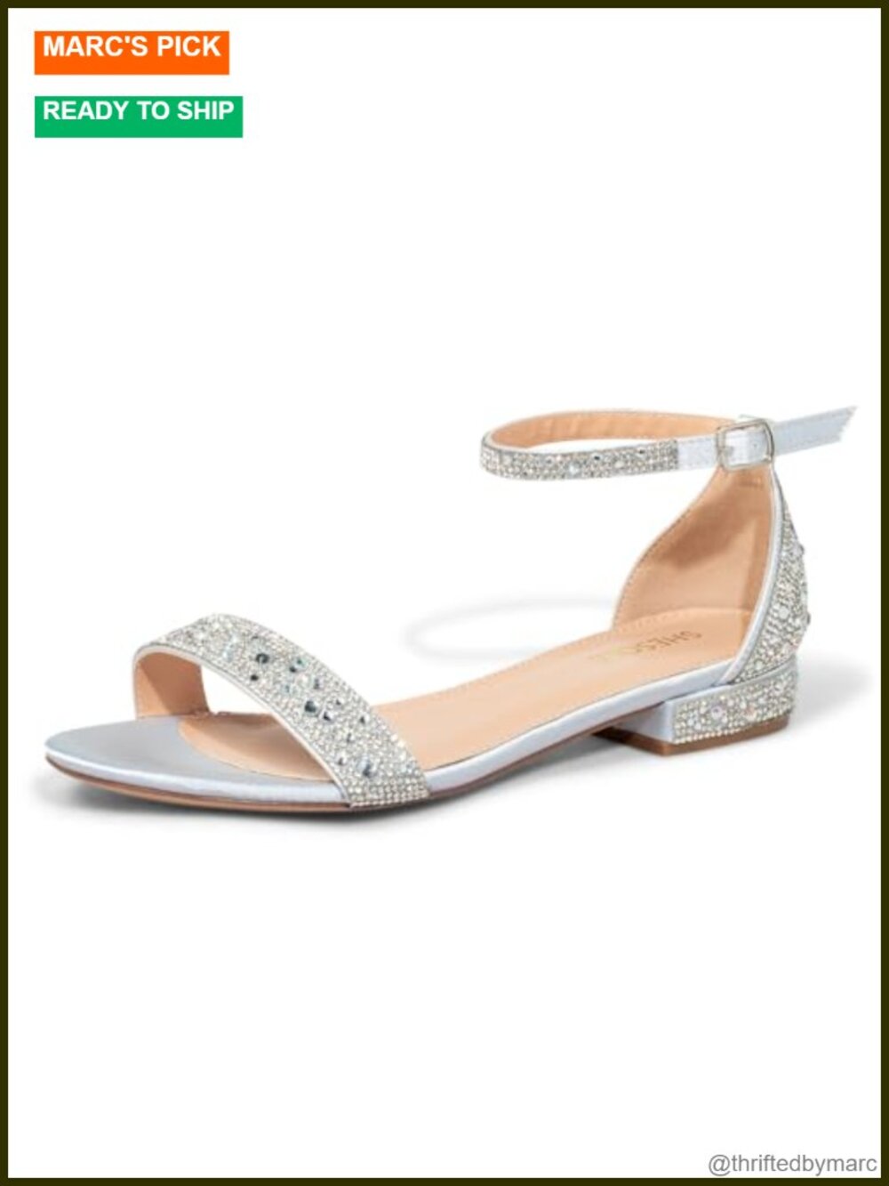 Wide Width 1 Inch Low Block Heel Sandals with Rhinestones